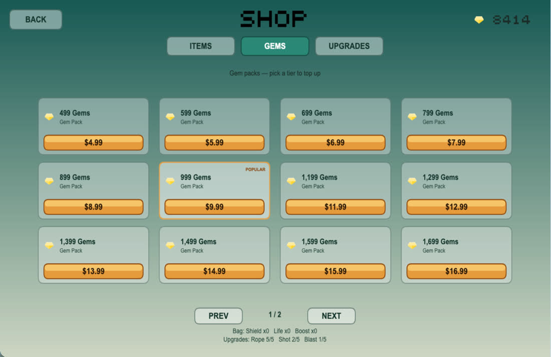 Shop GEMS tab